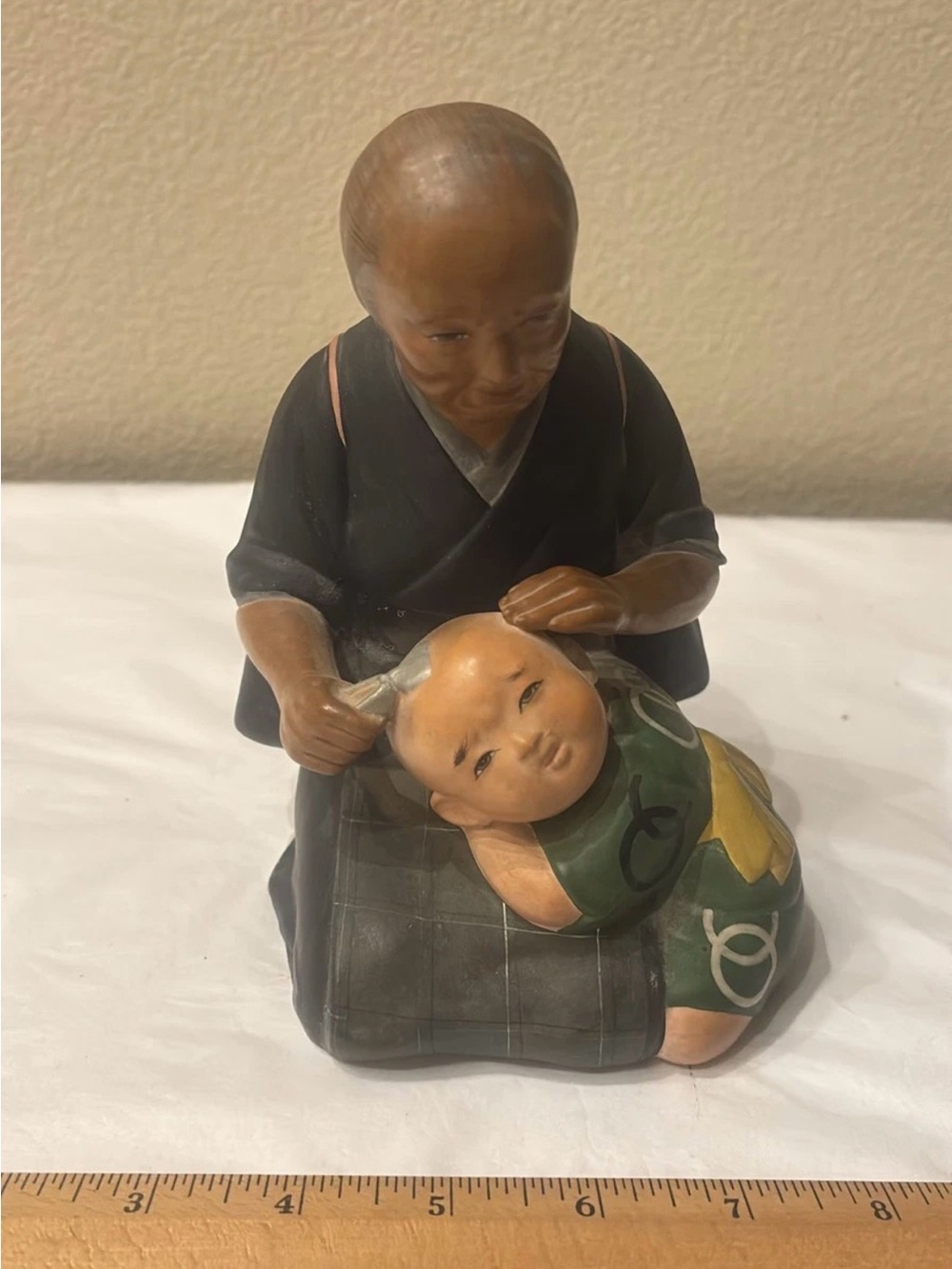 Japanese Hakata Urasaki Clay Doll Grandmother Cutting Boy Hair Figurine